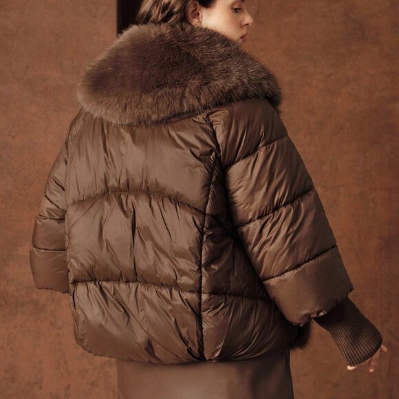 Brown Preppy Women's Plus Size Patchwork V-Neck Faux Fur Jacket - Picture 2 of 8